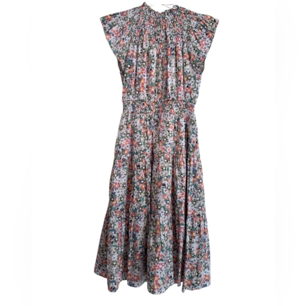Moodie Smocked Tiered Floral Dress Multicolored Metallic